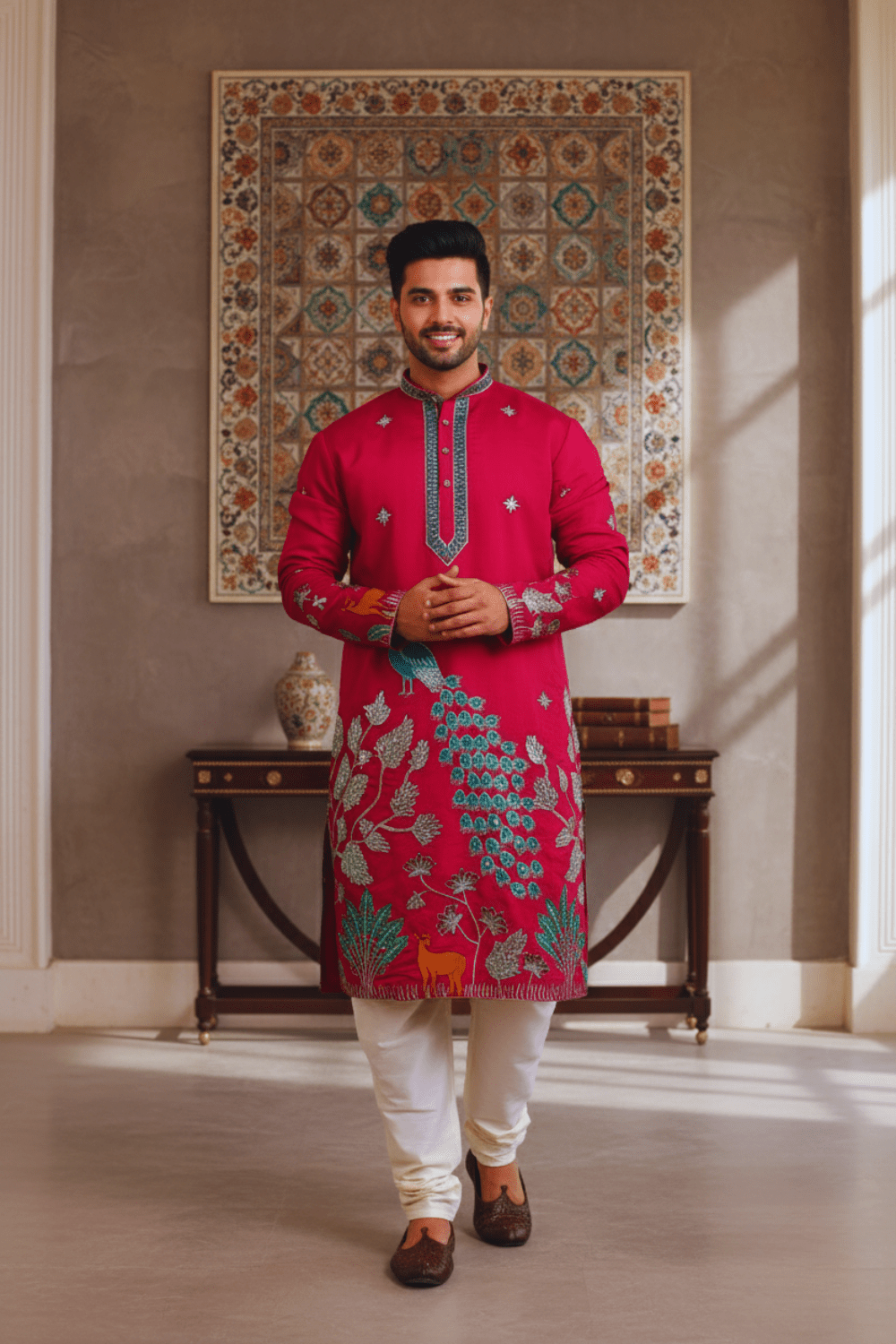 Men Rani Pink Peacock Embroidered Kurta - Shrivarya - Mens Ethnic Wear