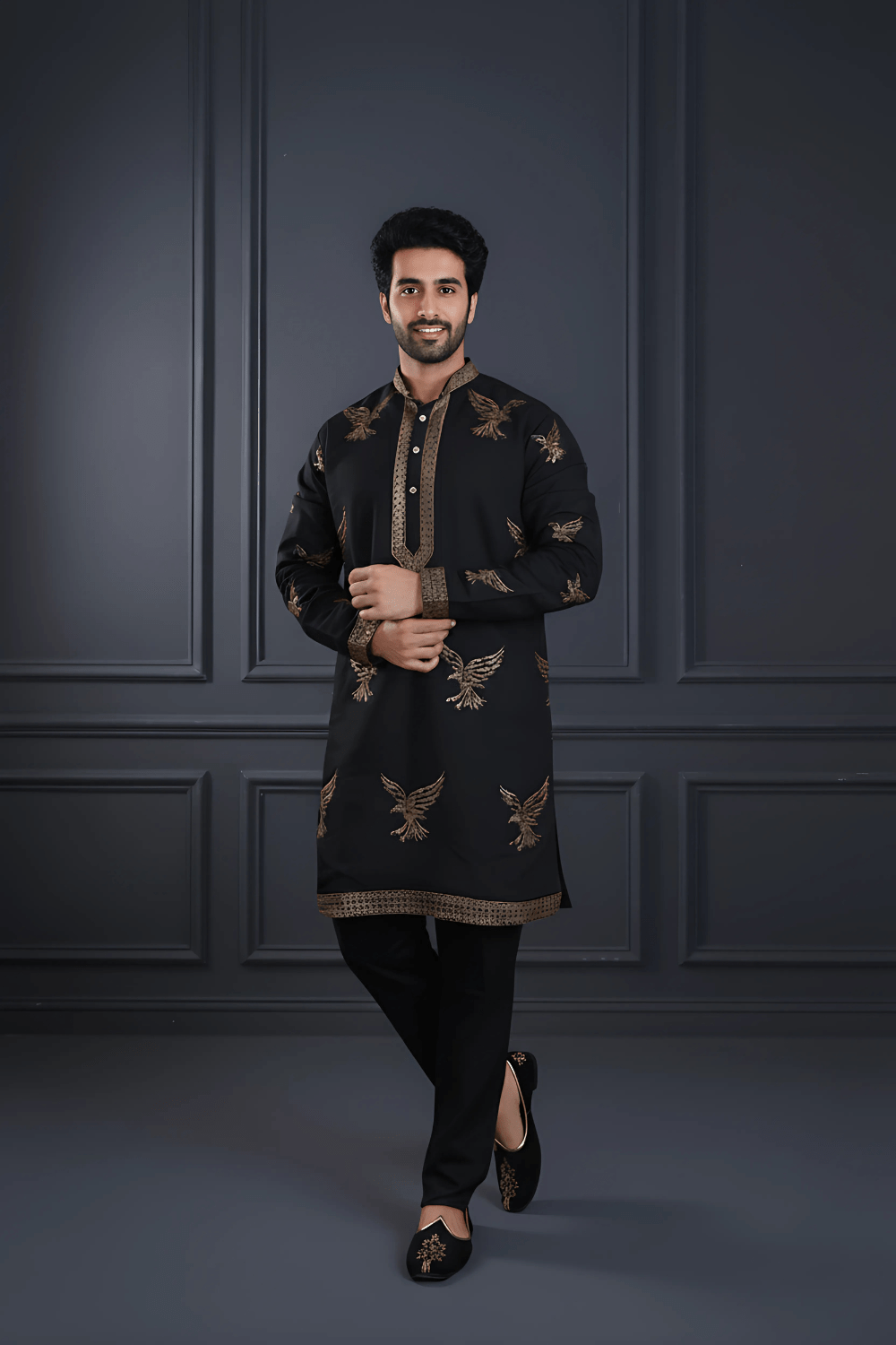 Men Classic Black Eagle Embroidered Kurta - Shrivarya - Mens Ethnic Wear