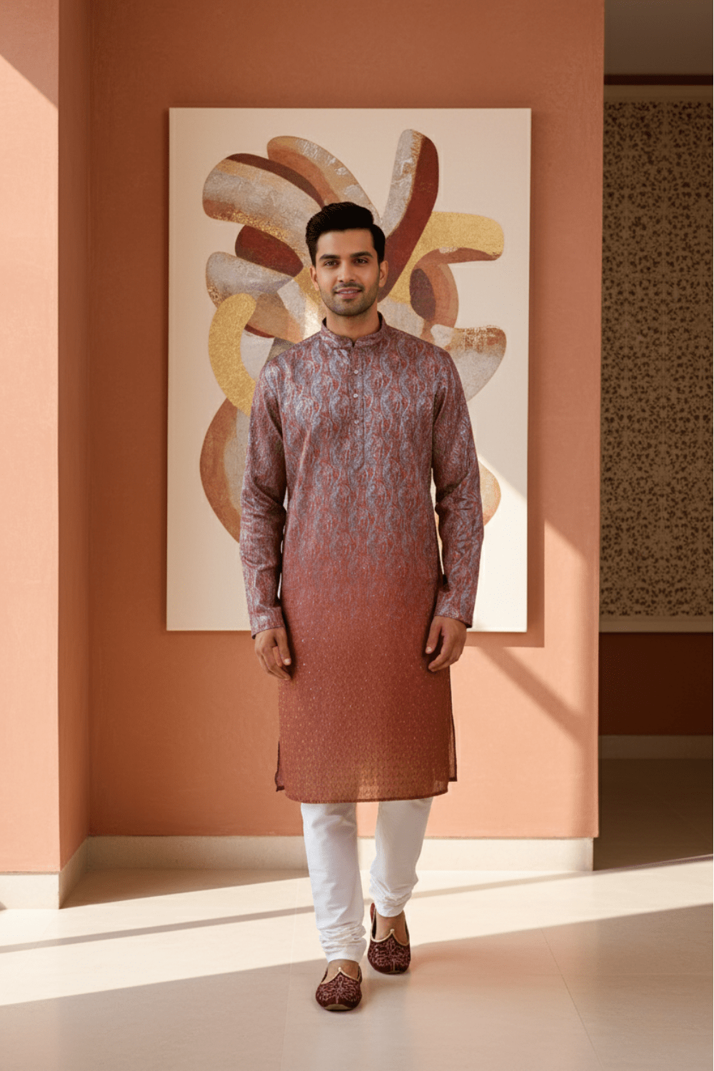 Maroon Ombre Paisley Jacquard Kurta for Men - Shrivarya - Mens Ethnic Wear