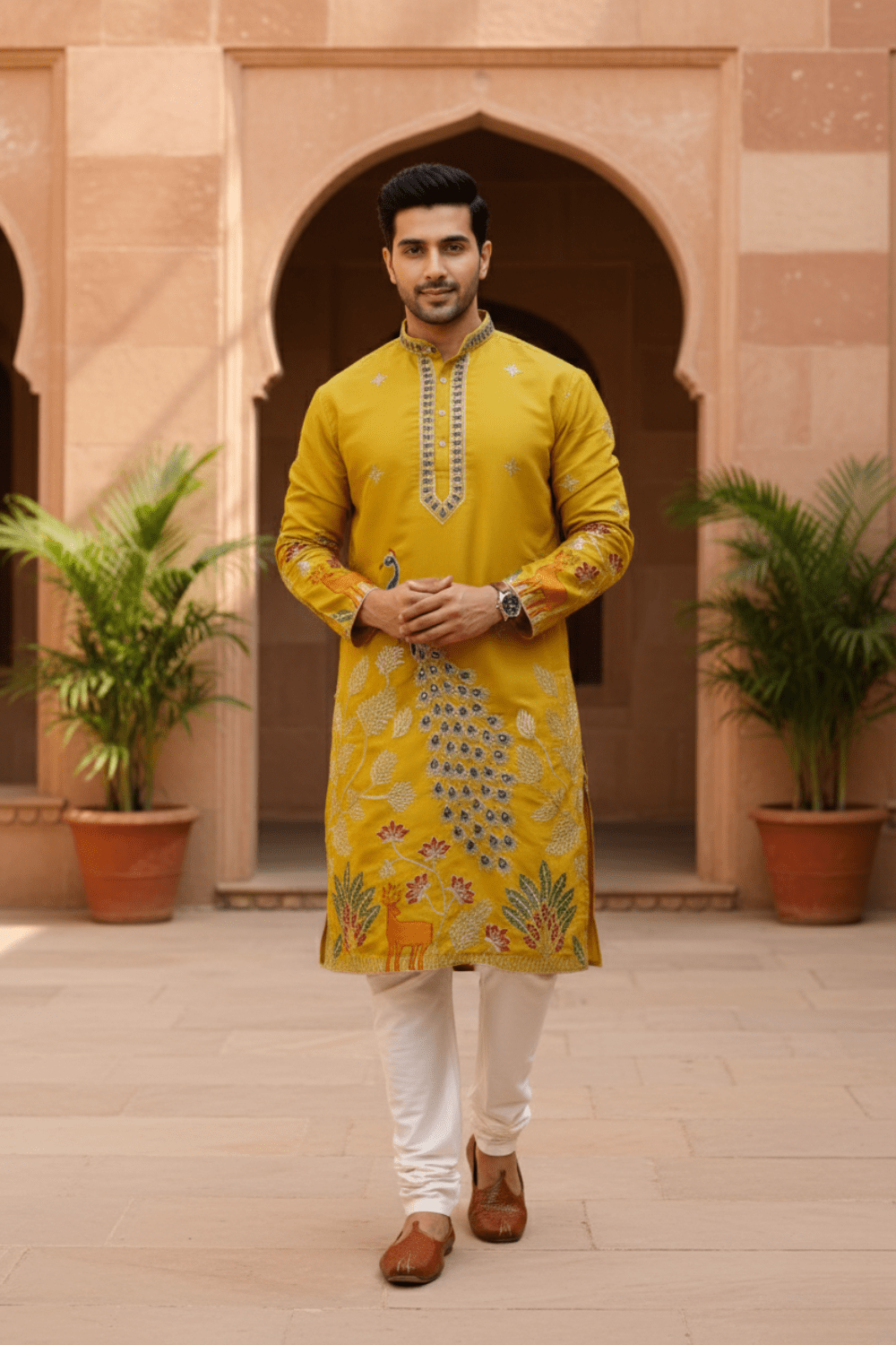 Men Mustard Tree of Life Embroidered Kurta - Shrivarya - Mens Ethnic Wear