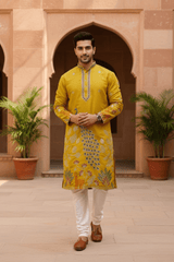 Men Mustard Tree of Life Embroidered Kurta - Shrivarya - Mens Ethnic Wear