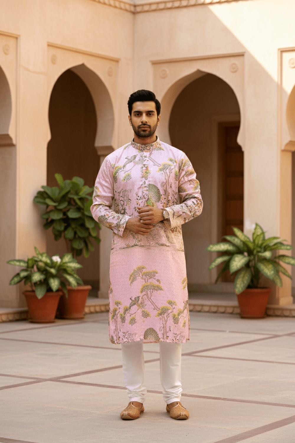 Men Blush Pink Mughal Garden Kurta - Shrivarya - Mens Ethnic Wear