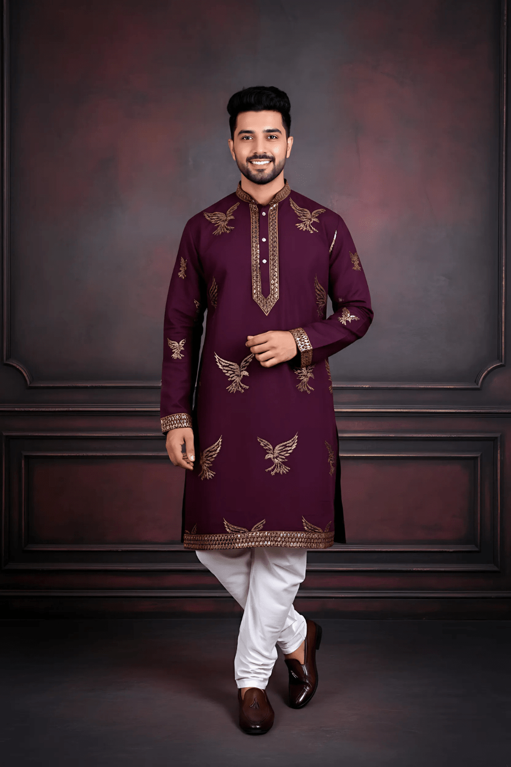 Men Wine Eagle Embroidered Kurta - Shrivarya - Mens Ethnic Wear