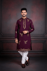 Men Wine Eagle Embroidered Kurta - Shrivarya - Mens Ethnic Wear