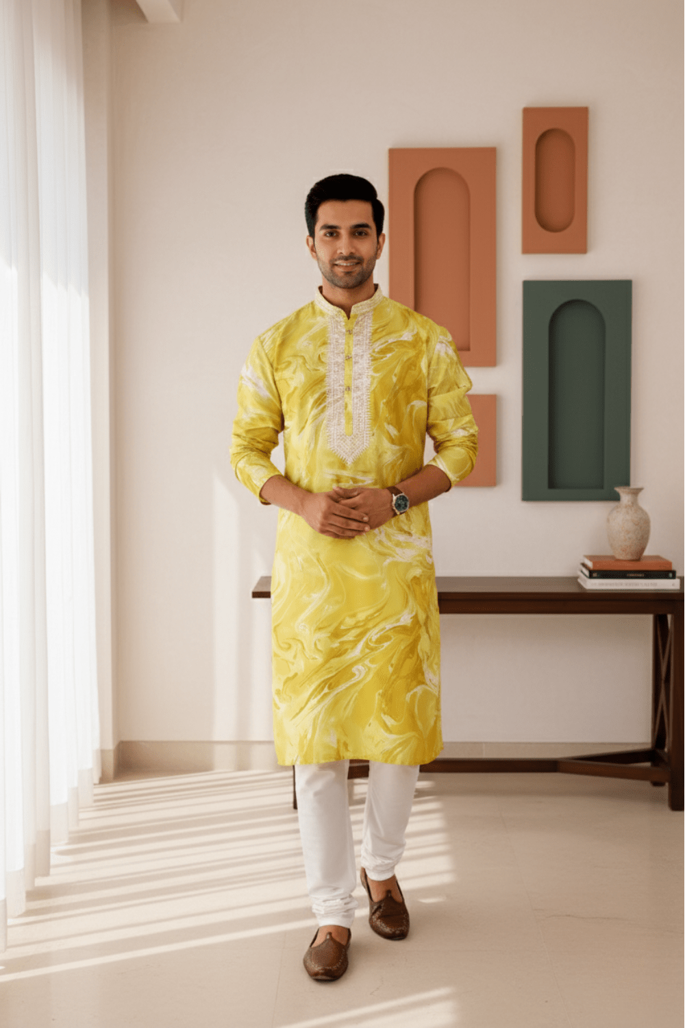 Men Mustard Yellow Marble Print Silk Kurta - Shrivarya - Mens Ethnic Wear