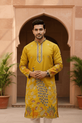 Men Mustard Tree of Life Embroidered Kurta - Shrivarya - Mens Ethnic Wear