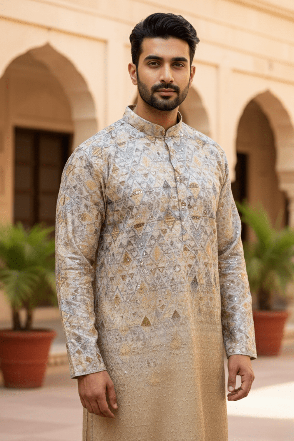 Men Beige Ombre Geometric Sequin Kurta - Shrivarya - Mens Ethnic Wear