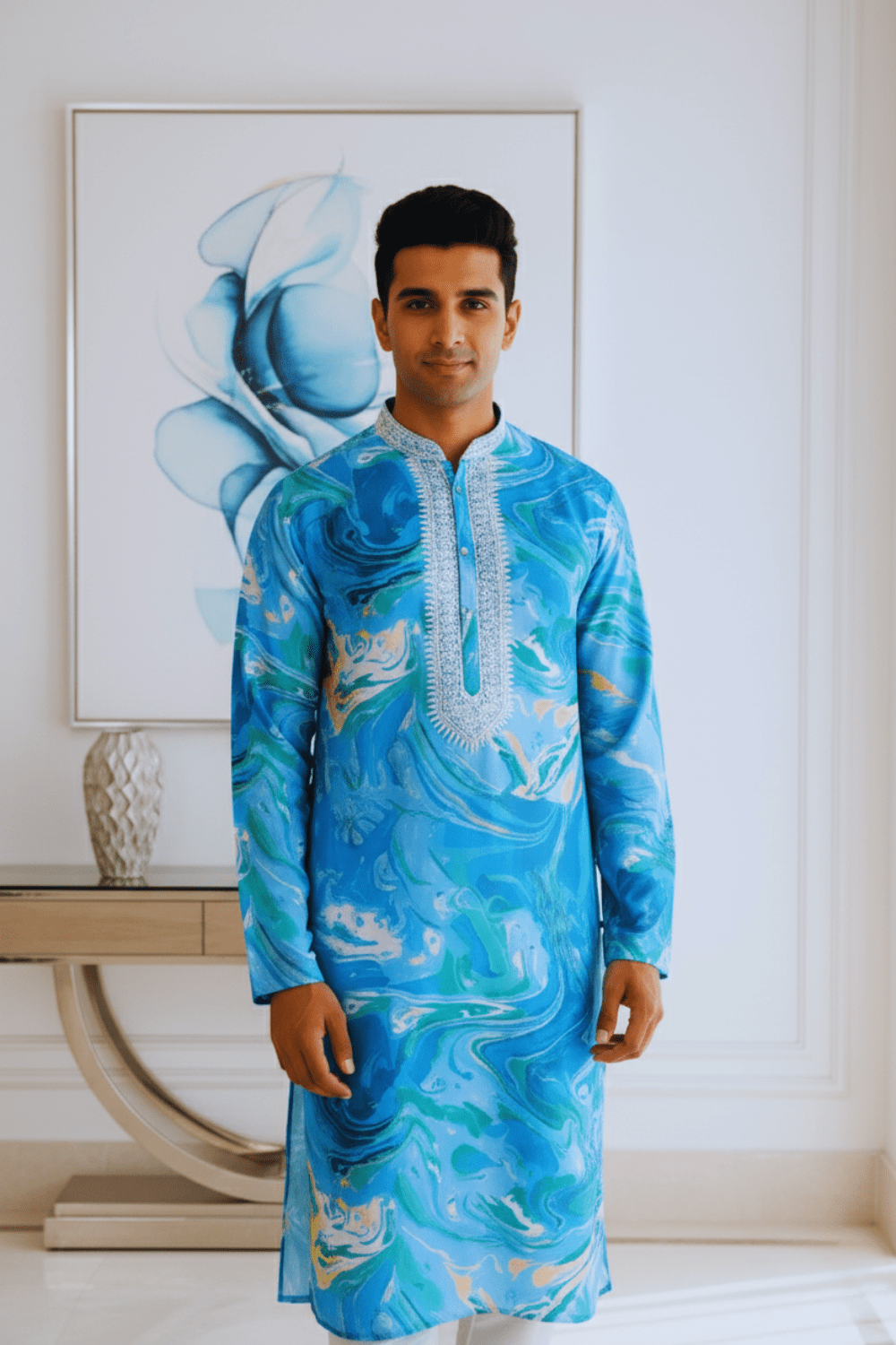 Men Ocean Blue Marble Print Silk Kurta - Shrivarya - Mens Ethnic Wear
