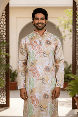 Men Cream Floral Fiesta Sequin Kurta - Shrivarya - Mens Ethnic Wear