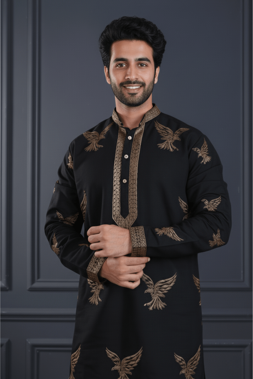 Men Classic Black Eagle Embroidered Kurta - Shrivarya - Mens Ethnic Wear
