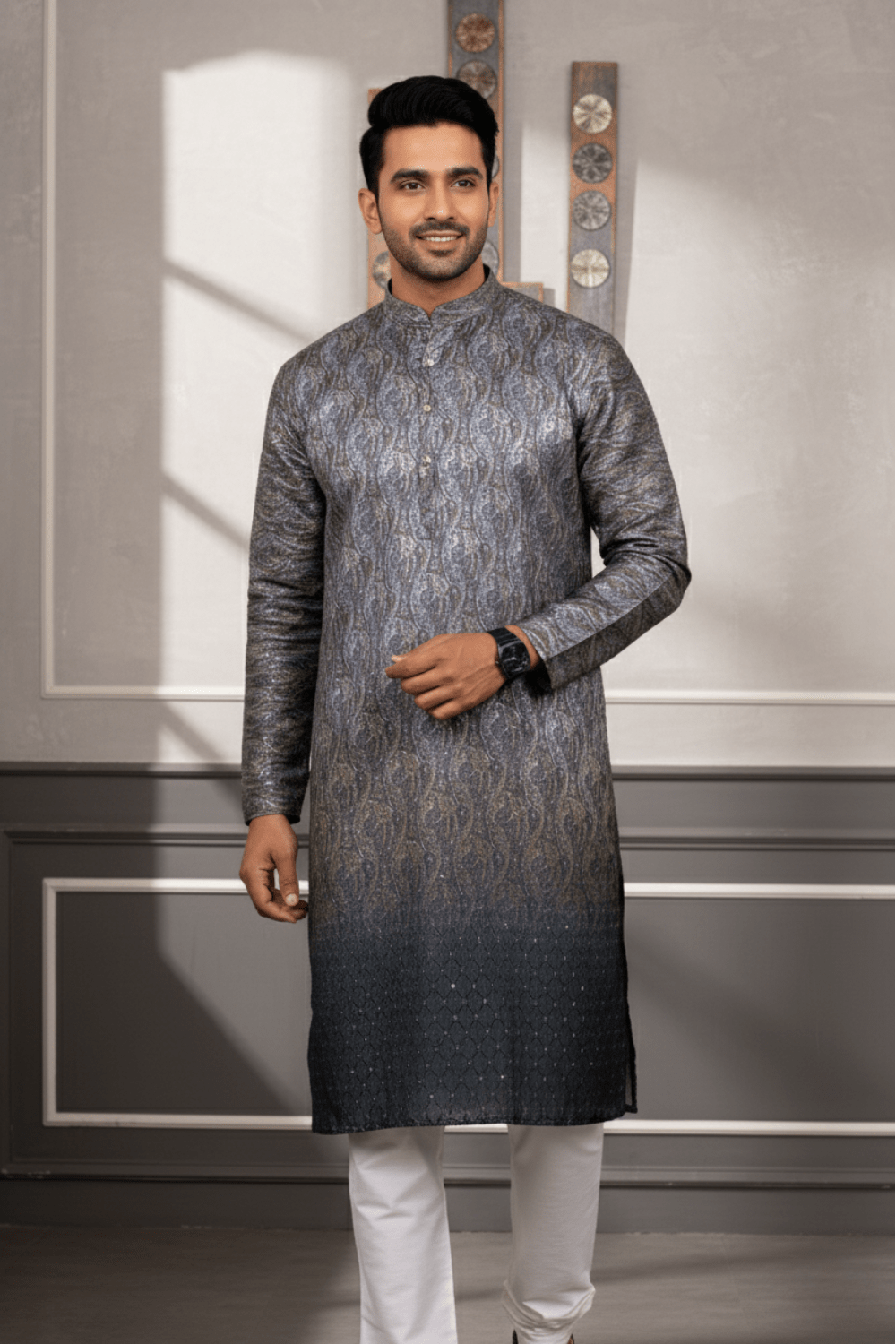 Men Charcoal Grey Paisley Jacquard Kurta - Shrivarya - Mens Ethnic Wear