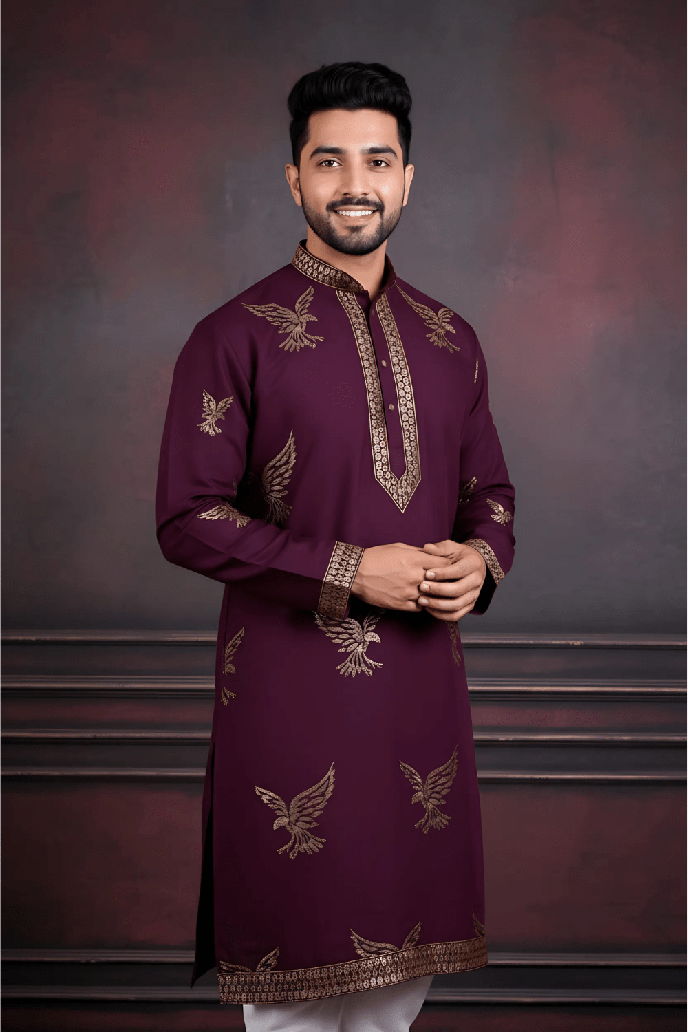 Men Wine Eagle Embroidered Kurta - Shrivarya - Mens Ethnic Wear