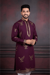 Men Wine Eagle Embroidered Kurta - Shrivarya - Mens Ethnic Wear