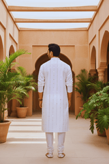 Men Ivory Pinstripe Mirror Work Kurta - Shrivarya - Mens Ethnic Wear