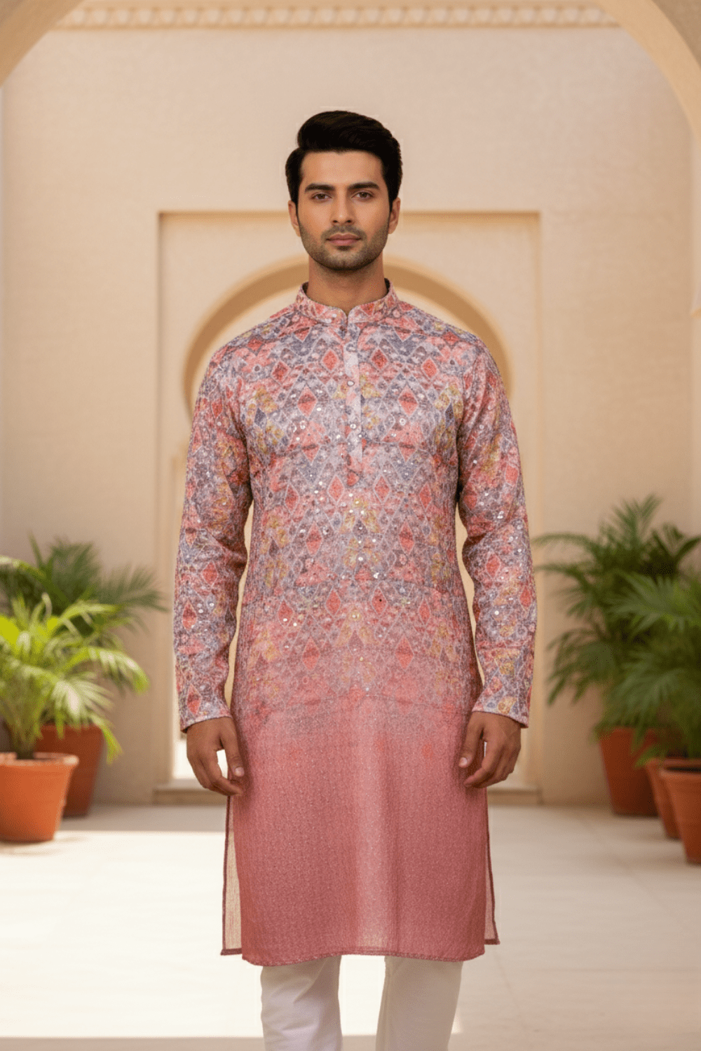 Mauve Ombre Geometric Sequin Men Kurta - Shrivarya - Mens Ethnic Wear