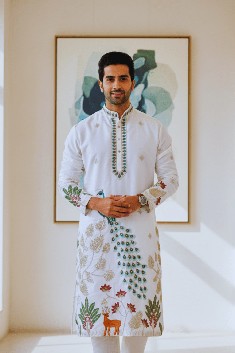 Ivory Tree of Life Peacock Kurta for Men - Shrivarya - Mens Ethnic Wear