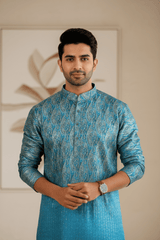Men Teal Ombre Paisley Jacquard Kurta - Shrivarya - Mens Ethnic Wear