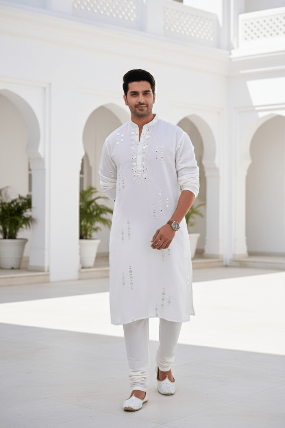 Men Classic White Mirror Work Kurta - Shrivarya - Mens Ethnic Wear