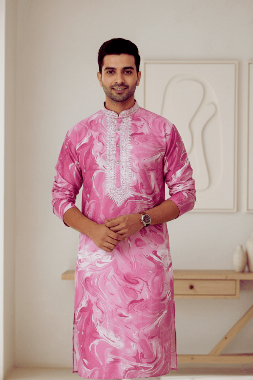 Men Orchid Marble Print Silk Kurta - Shrivarya - Mens Ethnic Wear