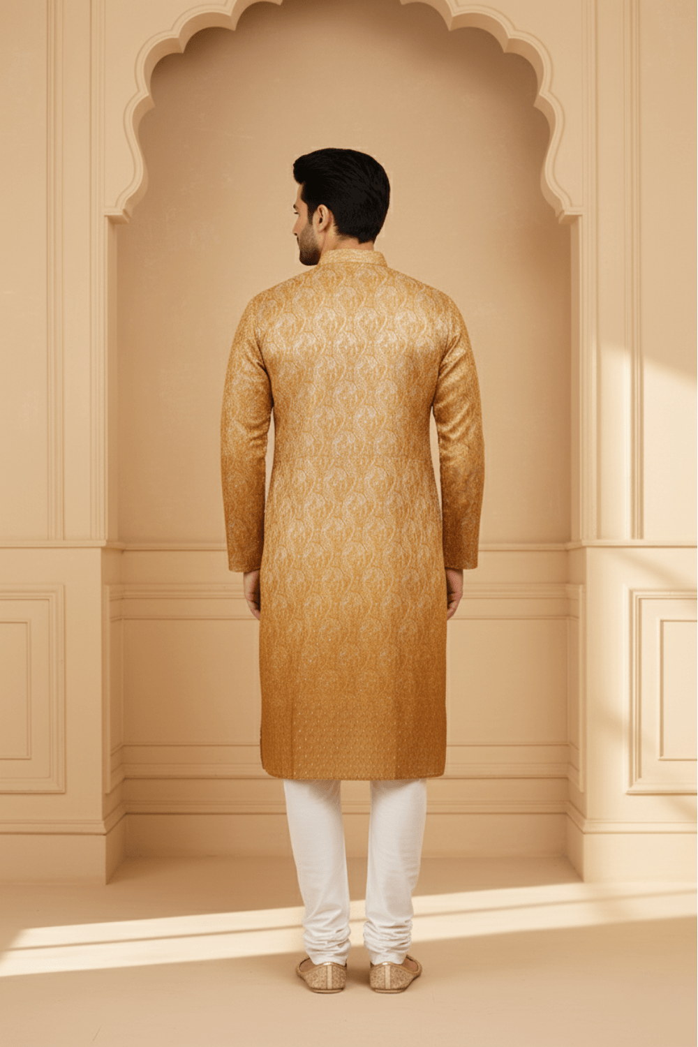Men Tangerine Paisley Jacquard Kurta - Shrivarya - Mens Ethnic Wear