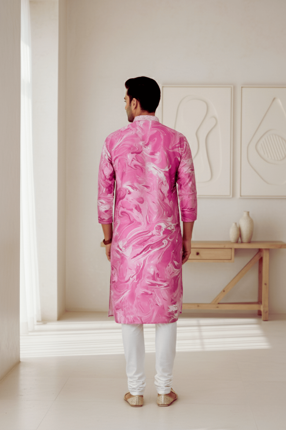 Men Orchid Marble Print Silk Kurta - Shrivarya - Mens Ethnic Wear