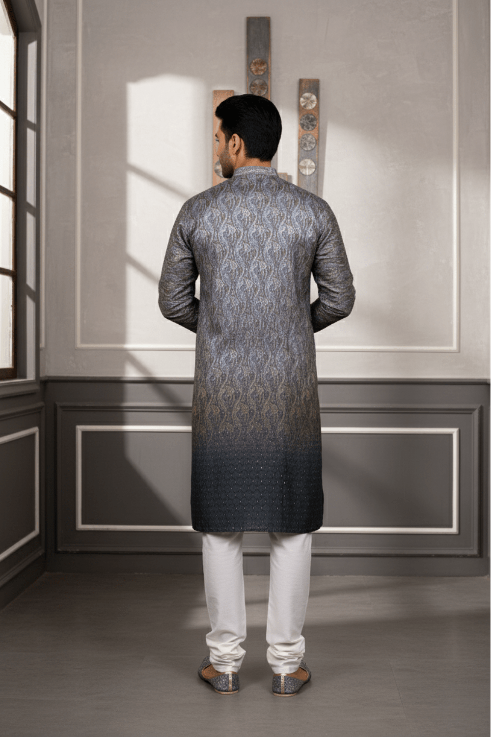 Men Charcoal Grey Paisley Jacquard Kurta - Shrivarya - Mens Ethnic Wear