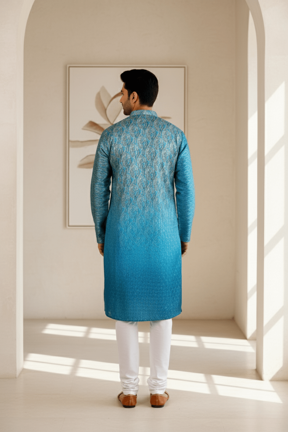 Men Teal Ombre Paisley Jacquard Kurta - Shrivarya - Mens Ethnic Wear