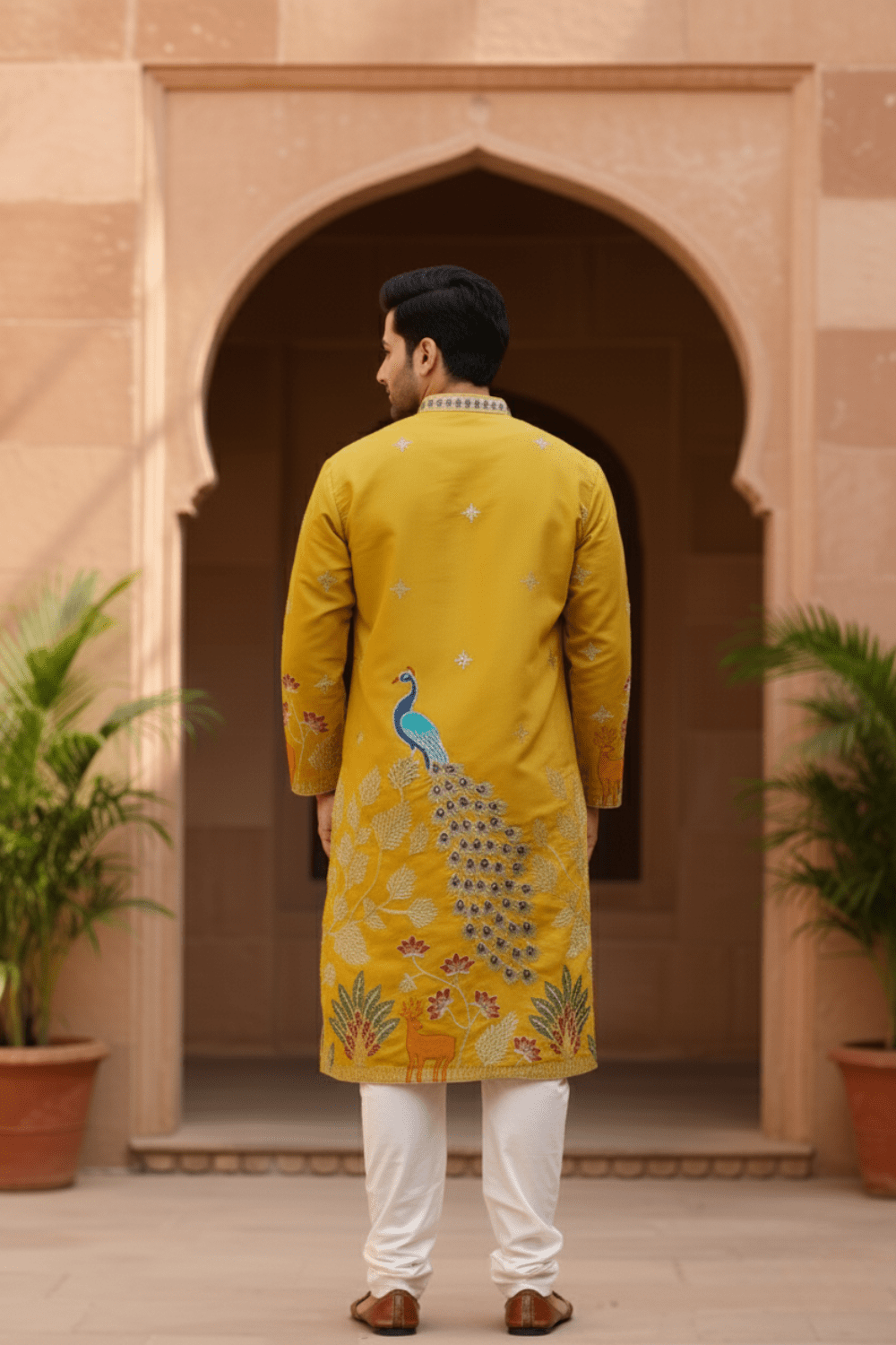 Men Mustard Tree of Life Embroidered Kurta - Shrivarya - Mens Ethnic Wear