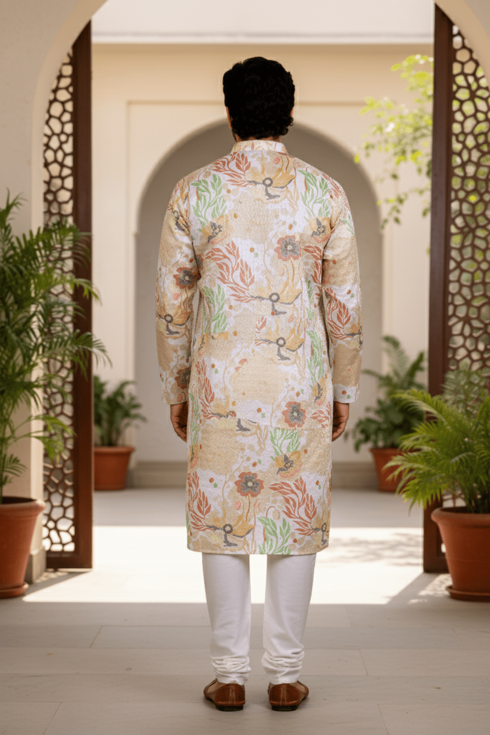Men Cream Floral Fiesta Sequin Kurta - Shrivarya - Mens Ethnic Wear