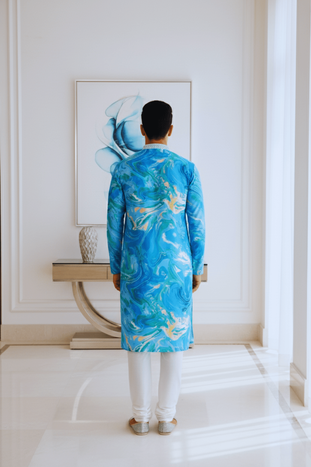 Men Ocean Blue Marble Print Silk Kurta - Shrivarya - Mens Ethnic Wear