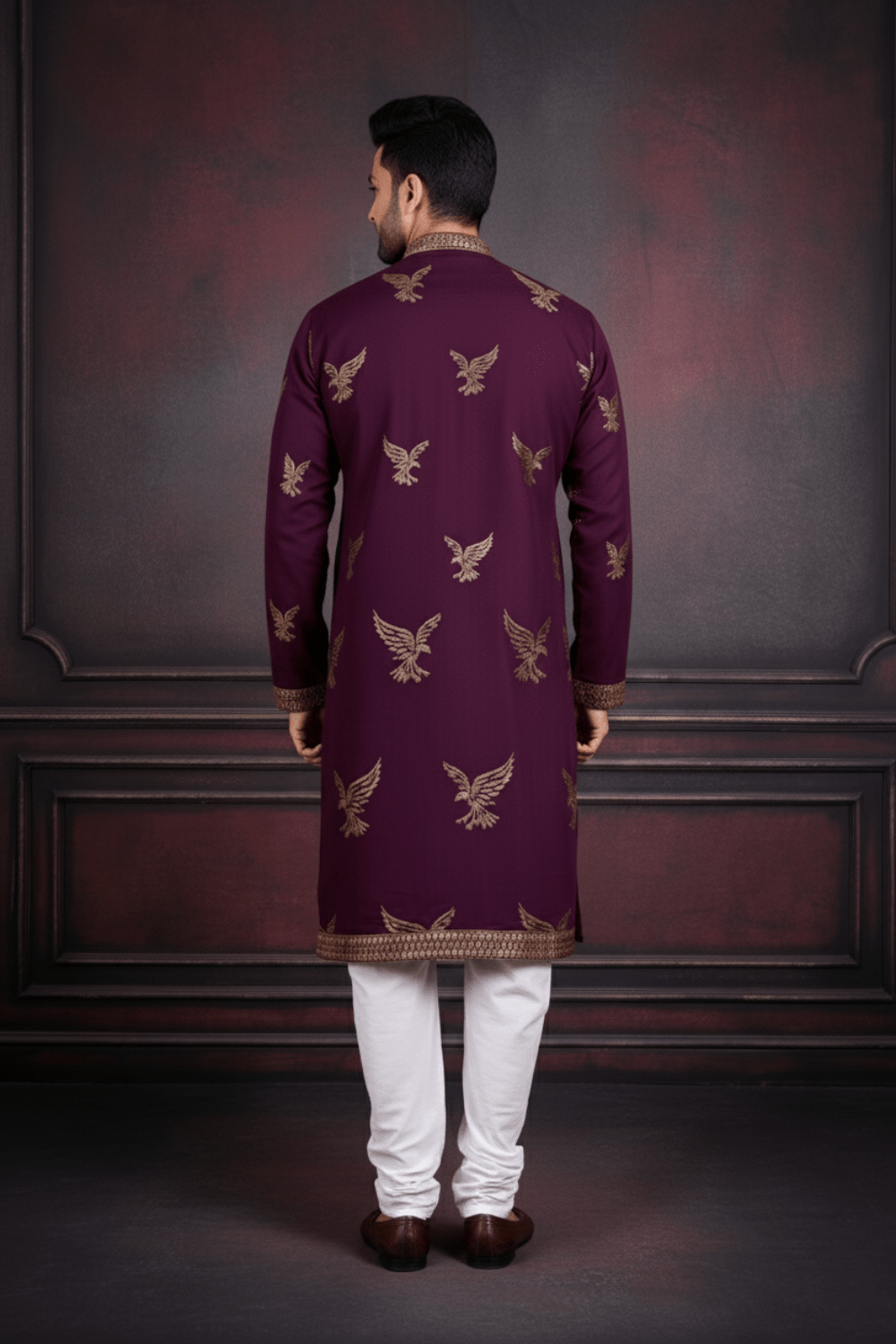 Men Wine Eagle Embroidered Kurta - Shrivarya - Mens Ethnic Wear
