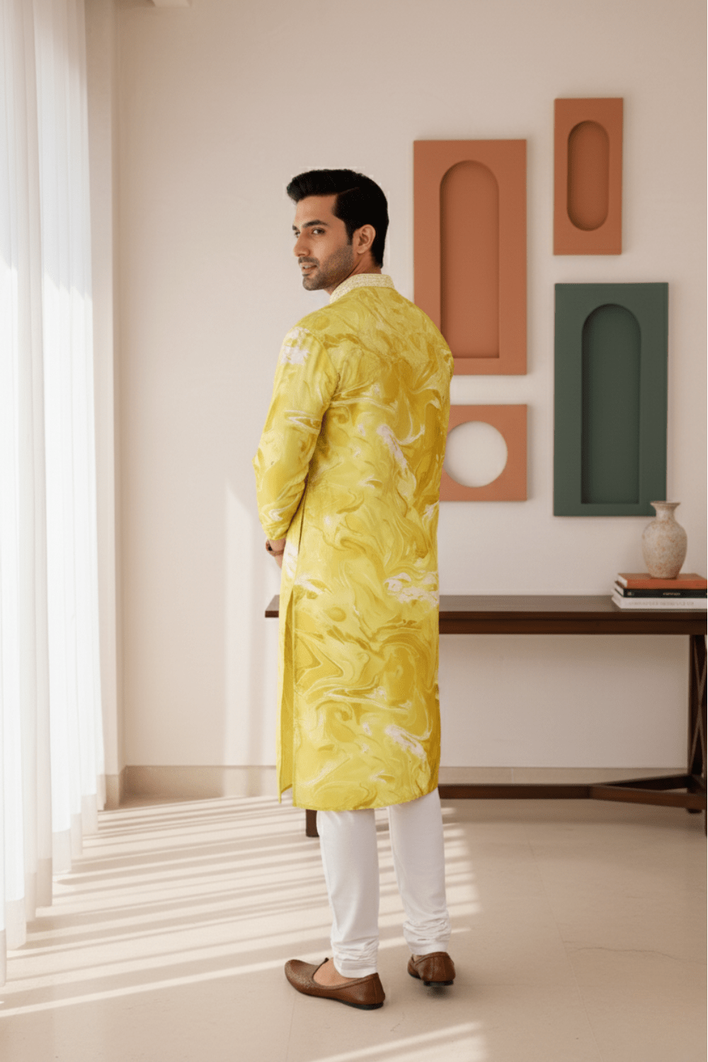 Men Mustard Yellow Marble Print Silk Kurta - Shrivarya - Mens Ethnic Wear