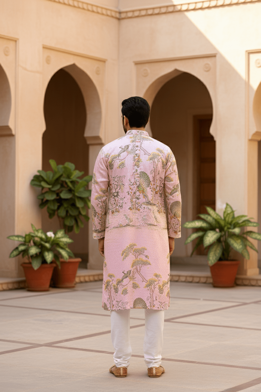 Men Blush Pink Mughal Garden Kurta - Shrivarya - Mens Ethnic Wear