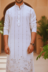 Men Ivory Pinstripe Mirror Work Kurta - Shrivarya - Mens Ethnic Wear
