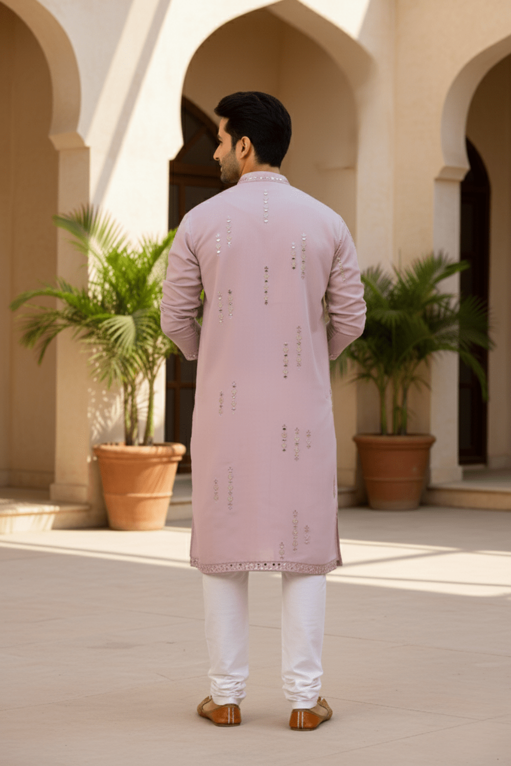 Dusty Rose Mirror Work Kurta for Men - Shrivarya - Mens Ethnic Wear
