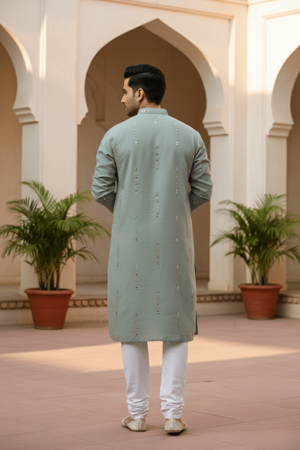 Men Sage Green Mirror Work Kurta - Shrivarya - Mens Ethnic Wear
