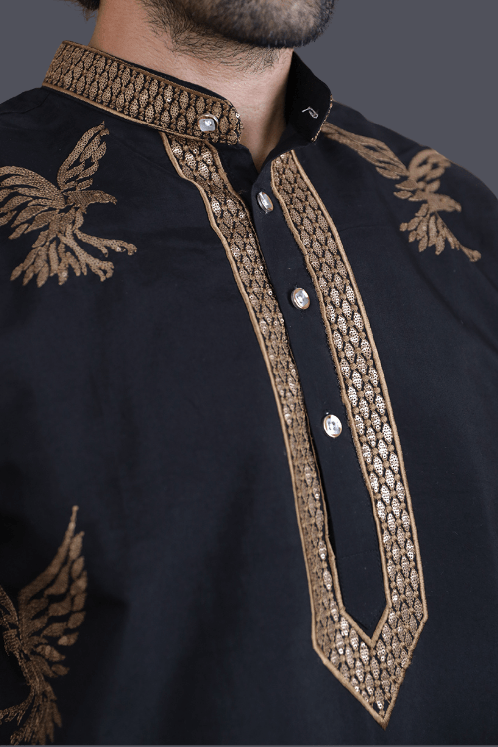 Men Classic Black Eagle Embroidered Kurta - Shrivarya - Mens Ethnic Wear