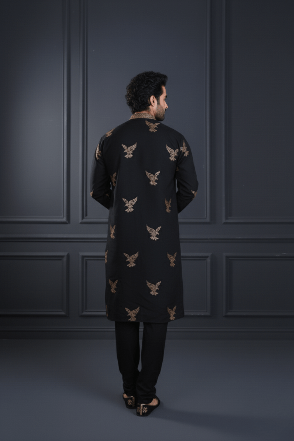 Men Classic Black Eagle Embroidered Kurta - Shrivarya - Mens Ethnic Wear