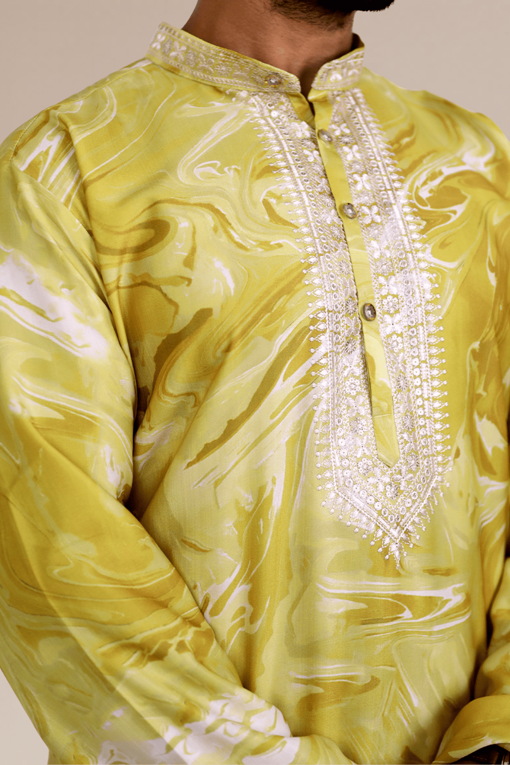 Men Mustard Yellow Marble Print Silk Kurta - Shrivarya - Mens Ethnic Wear