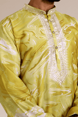 Men Mustard Yellow Marble Print Silk Kurta - Shrivarya - Mens Ethnic Wear