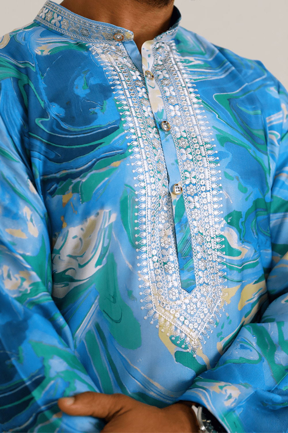 Men Ocean Blue Marble Print Silk Kurta - Shrivarya - Mens Ethnic Wear