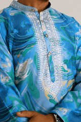 Men Ocean Blue Marble Print Silk Kurta - Shrivarya - Mens Ethnic Wear