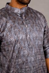 Men Charcoal Grey Paisley Jacquard Kurta - Shrivarya - Mens Ethnic Wear