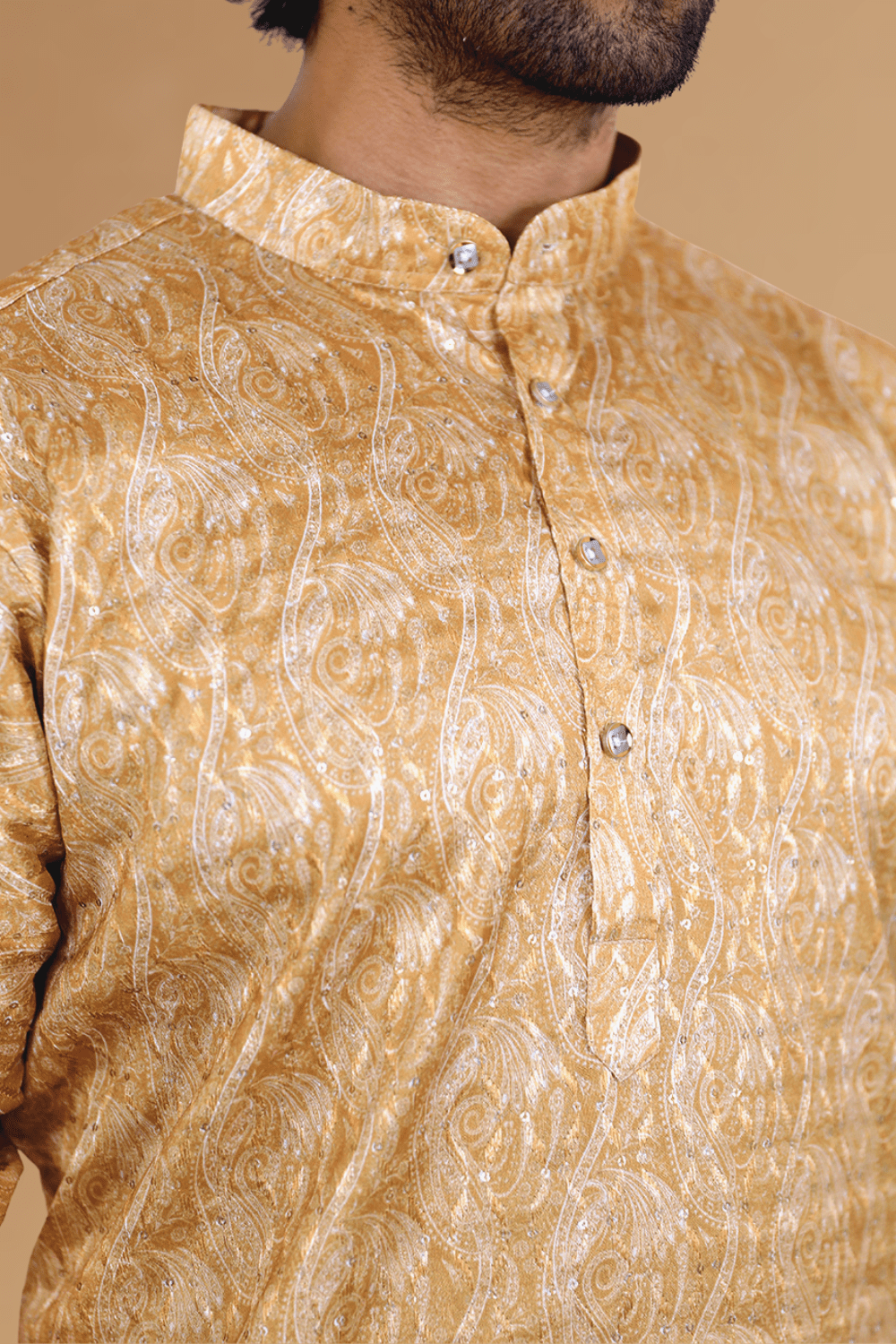 Men Tangerine Paisley Jacquard Kurta - Shrivarya - Mens Ethnic Wear