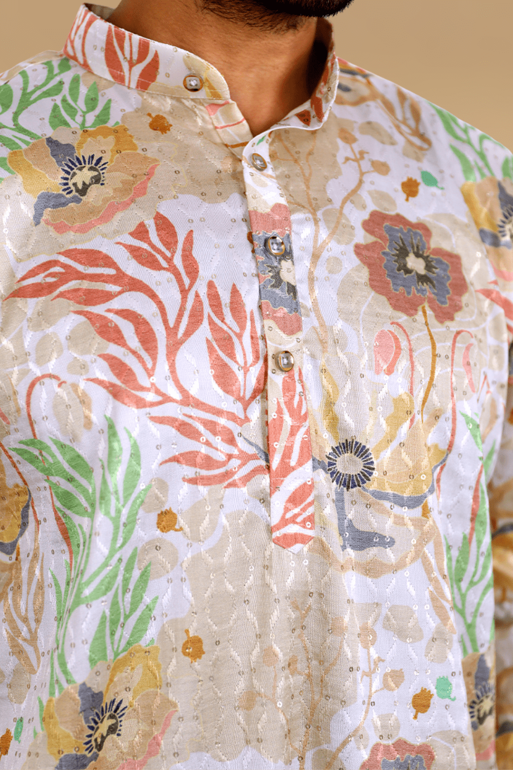 Men Cream Floral Fiesta Sequin Kurta - Shrivarya - Mens Ethnic Wear