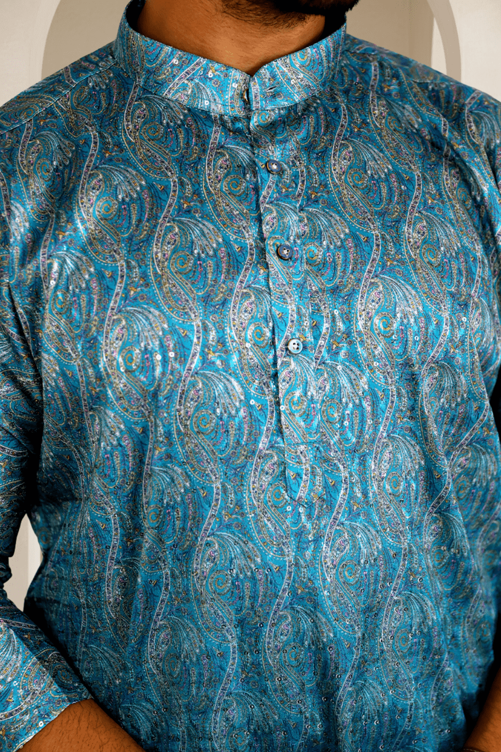 Men Teal Ombre Paisley Jacquard Kurta - Shrivarya - Mens Ethnic Wear