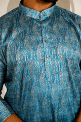 Men Teal Ombre Paisley Jacquard Kurta - Shrivarya - Mens Ethnic Wear