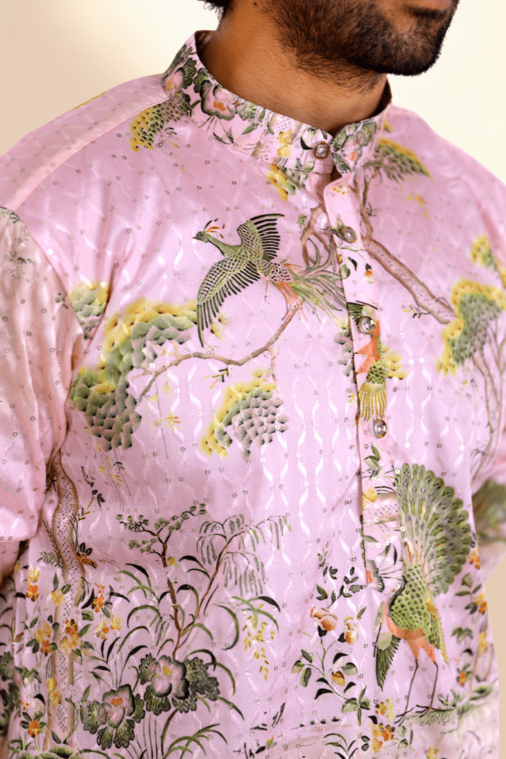 Men Blush Pink Mughal Garden Kurta - Shrivarya - Mens Ethnic Wear