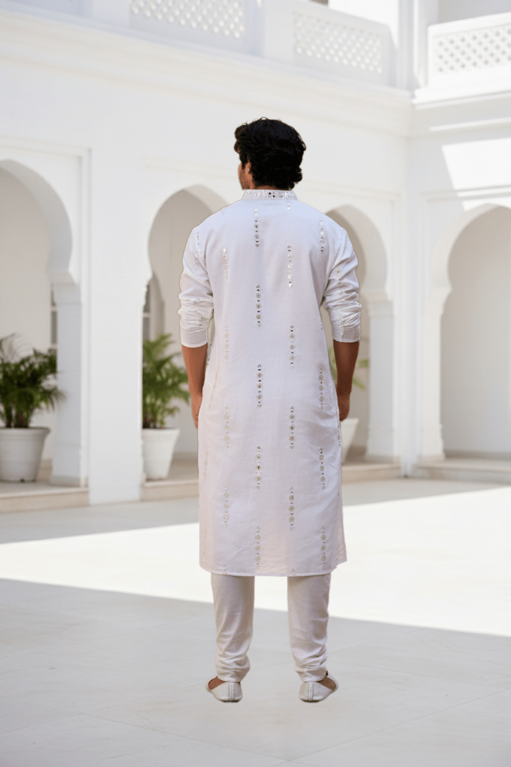 Men Classic White Mirror Work Kurta - Shrivarya - Mens Ethnic Wear