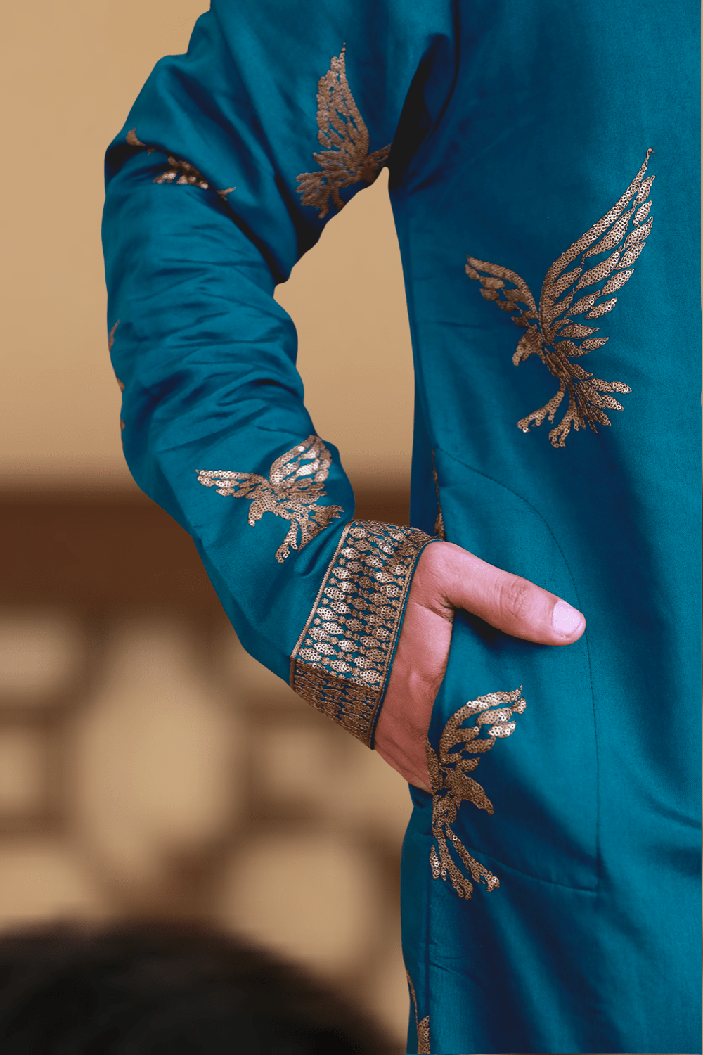 Men Teal Blue Eagle Embroidered Kurta - Shrivarya - Mens Ethnic Wear